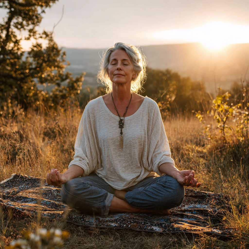 50 years old woman practicing mindful yoga poses in natural setting
